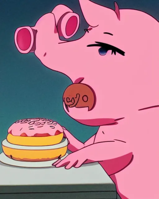 Prompt: a pig eating a pink frosted donut, full shot, visible face, ambient lighting, detailed, very modern anime style, art by hayao miyazaki, makoto shinkai