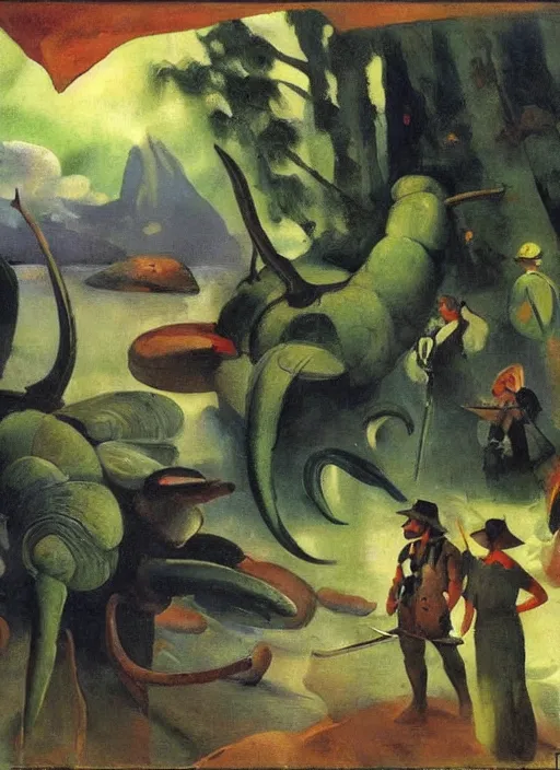 Image similar to photo of a giant snail man guardian of the holy lake, bizarre, fantasy landscape, art by andreas achenbach, august macke, alice bailly, alison geissler