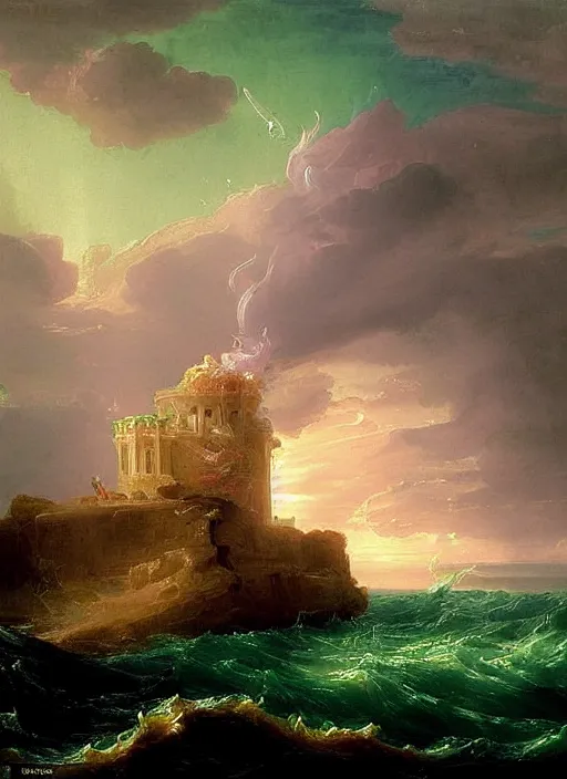 Image similar to a delicate ornate white fantasy tower with pink and green decoration splashes upwards from a turbulent ocean, dramatic lighting, rich colors, beautiful painting by Thomas Cole