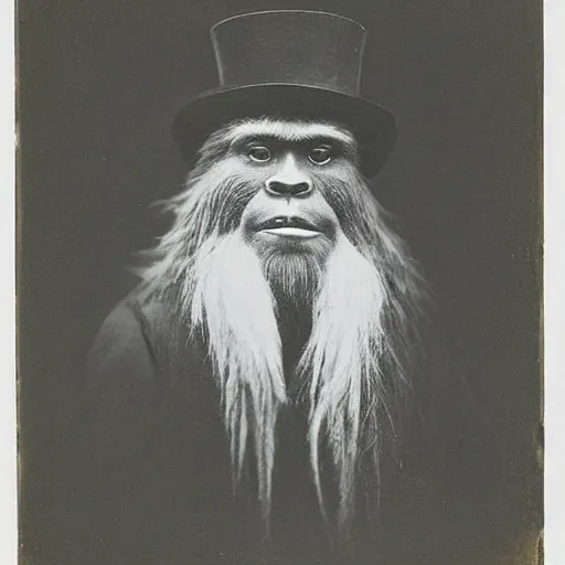 Image similar to a vintage wet plate portrait of a dignified bigfoot with a top hat and cane, extremely detailed, by julia margaret cameron!!!!!!!!!!!!!!!!!!