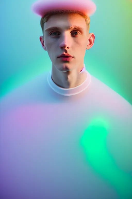 Image similar to high quality pastel coloured film mid angle portrait photograph of a beautiful young 2 0 year old male, soft features, short hair, perspex space visor and oversized inflated clothing!!!! icelandic black! rock pool environment. atmospheric three point light. photographic. art directed. ( pastel colours ). volumetric. clearcoat. waves. 8 k. filmic.