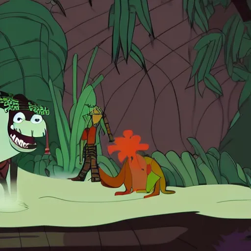 Image similar to tyrannosaurus in the jungle, genndy tartakovsky, samurai jack, studio la cachette