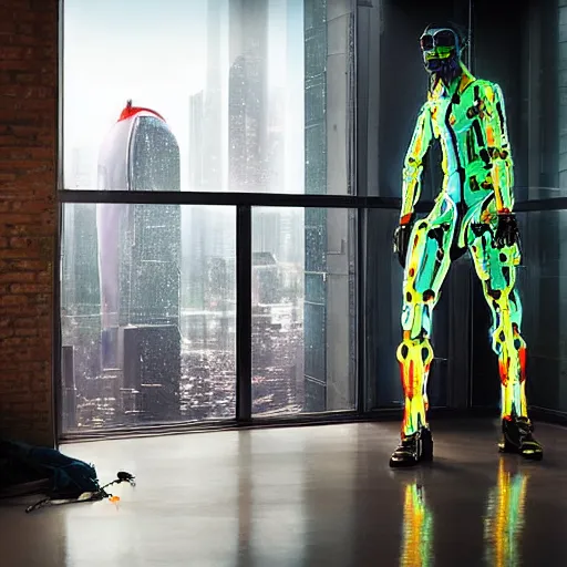 Image similar to painted by Robin Eley, a man in a neon suit stands in an empty room, his right arm and leg are cybernetic prosthetics. Outside the large floor to ceiling windows is a vast cyberpunk cityscape