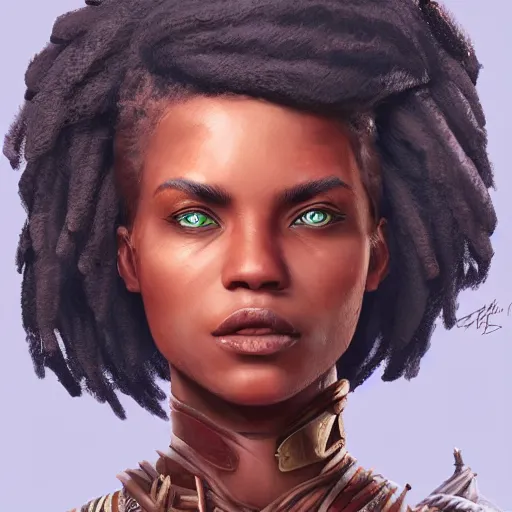 Image similar to beautiful, very strong, african american, female, middle aged, face, no makeup, no tattoos, warrior, battle hardened, head shot, fantasy, highly detailed, digital painting, artstation, concept art, smooth, sharp focus, illustration, art by jodie muir and brom