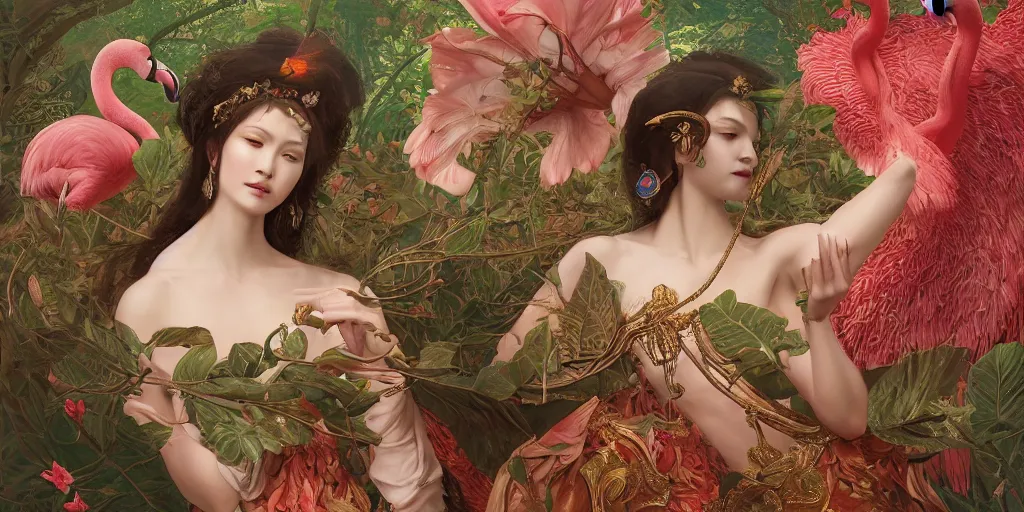 Image similar to breathtaking detailed concept art painting of the goddess of flamingo, orthodox saint, with anxious, piercing eyes, ornate background, amalgamation of leaves and flowers rafflesia arnoldii, by Hsiao-Ron Cheng and John James Audubon, extremely moody lighting, 8K