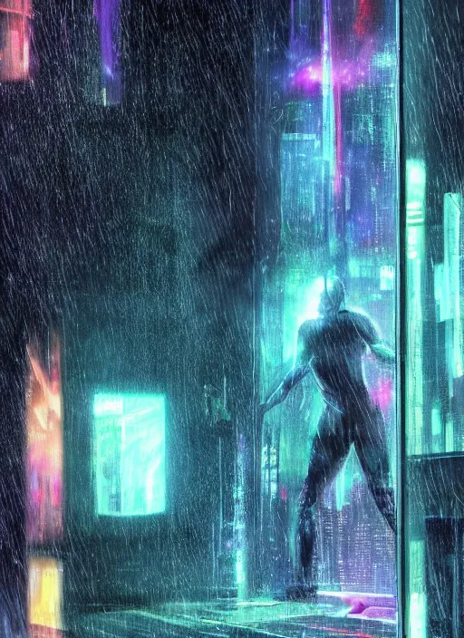 Prompt: one cyber godly person made of cosmic nebula galaxy energy watching a rainy colorful dark complex cyberpunk futuristic city from behind at night through a window in a room, reflections, high contrast, 8 k, photorealistic, concept art, wet, highly detailed, cinematic mood by ridley scott, ghost in the shell, trending on artstation, glowing lights, sharp focus, epic