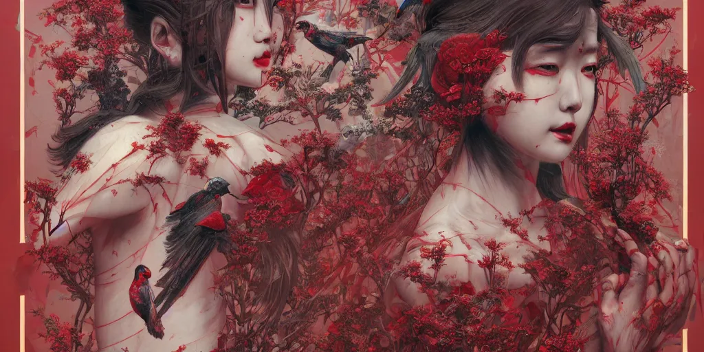 Prompt: breathtaking detailed red gardian mao dictature cyberpunk death heall concept art painting art deco pattern of birds goddesses amalmation flowers, by hsiao ron cheng, tetsuya ichida, bizarre compositions, exquisite detail, extremely moody lighting, 8 k, art nouveau, old chines painting