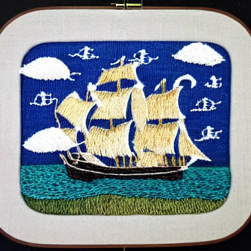 Image similar to a tiny beautiful handmade embroidery of a pirate ship sinking into a stormy ocean. hand embroidery.