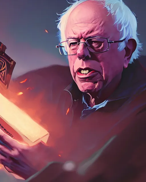 Image similar to bernie sanders as a league of legends champion, medium shot close up, details, sharp focus, illustration, by jordan grimmer and greg rutkowski, trending artstation, digital art