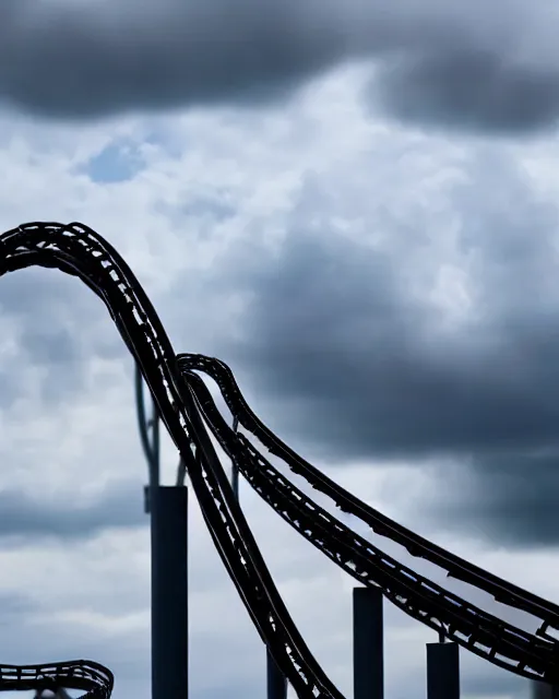 Prompt: a high definition photograph of a roller coaster track that goes out of sight into the dark clouds