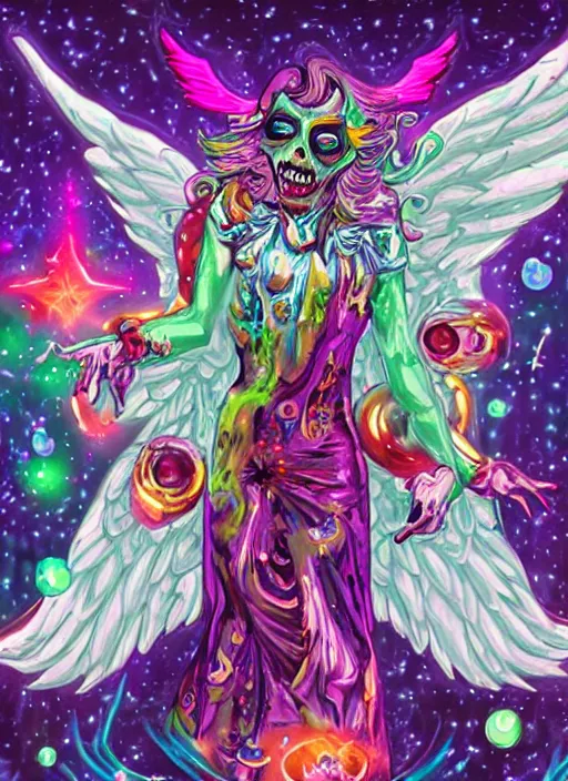 Image similar to a suited zombie angel spirit being, covered with pastel glitter glue slime, fashion model pose, full body maximalist cosmic eldritch character design, early computer graphics by dan mumford, surrounded by stars and jester plushies, realistic light and shadow effects, maximalist background