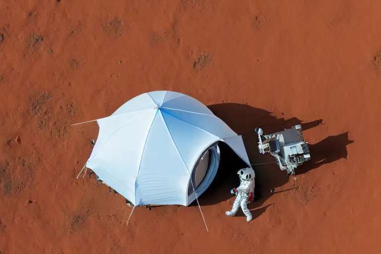 Prompt: macro photograph of an astronaut living in a tent lonely in Mars