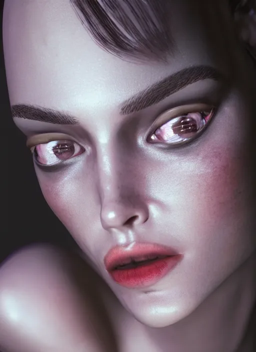 Image similar to close up of a fashion model on acid, posing in dramatic lighting, plastic clean ultra high definition, uplighting, cinematic, sheek unreal engine 5 ray tracing, by paolo roversi, masterpiece