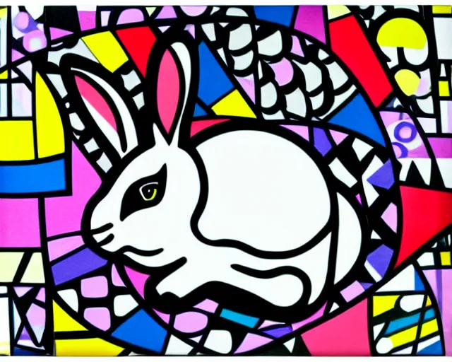 Image similar to a small black and white rabbit, fine art by romero britto