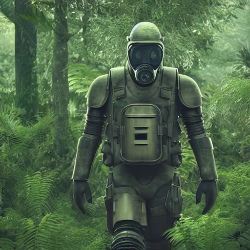 Image similar to a heavily armored man wearing a gasmask, walking through a lush jungle, realistic octane render, ray traced, god rays, extremely high detail