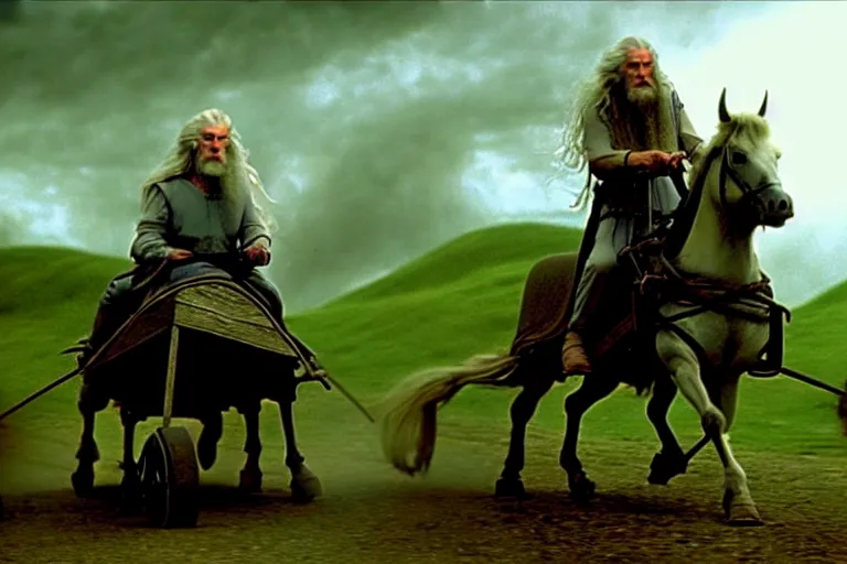 Prompt: gandalf riding into the shire on a horse drawn cart, style of h. r. giger, cinematic, movie still, cgi, directed by ridley scott