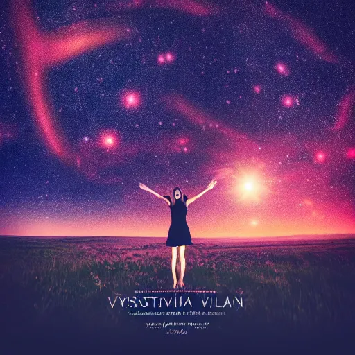 Image similar to album cover, with text vystava, a beautiful landscape of a starry sky with an beautiful woman waving to the horizon, cinematic, dramatic, color grading, photojournalism, colorful, highly detailed