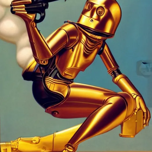 Image similar to a reclining c3po with a smiling female human face by Gil Elvgren, holding a smoking ray-gun, full body