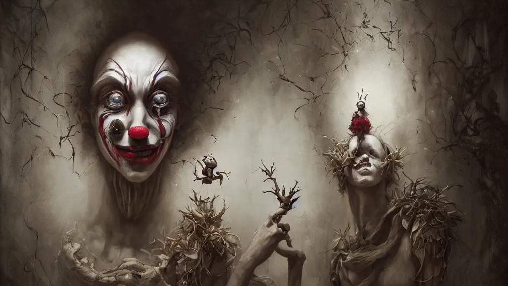 Image similar to a clown portrait in cloistered alleyway dreaming of a circus, in the style of peter mohrbacher by weta digital and beth cavener, high face symmetry, intricate, masterpiece, award winning, high face symmetry, intricate