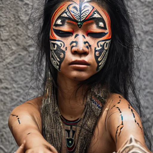 Image similar to portrait of a stunningly beautiful asian tribal female, with tribal face paint, freckles, depth of field, zeiss lens, detailed, symmetrical, centered, fashion photoshoot, by Annie Leibovitz and Steve McCurry, David Lazar, Jimmy Nelsson, Breathtaking, 8k resolution, extremely detailed, beautiful, establishing shot, artistic, hyperrealistic, beautiful face, octane render