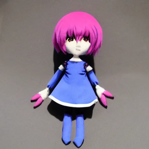 Prompt: rei chiquita, small plush of rei ayanami from evangelion