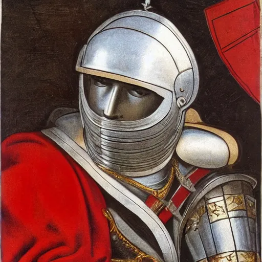 Prompt: a knight wearing silver armor and helmet, red white and gold color scheme, baroque, by Michelangelo, high detail