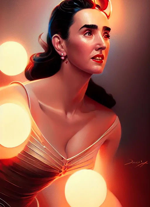 Image similar to portrait of 1 9 5 0 s darna, jennifer connelly, intricate, elegant, glowing lights, highly detailed, digital painting, artstation, glamor pose, concept art, smooth, sharp focus, illustration, art by wlop, mars ravelo and greg rutkowski