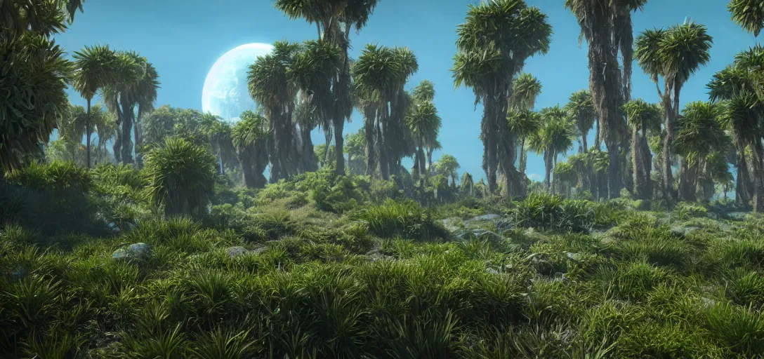 Image similar to a hyper real image of exoplanet flora on an alien world, rendered in unreal engine.