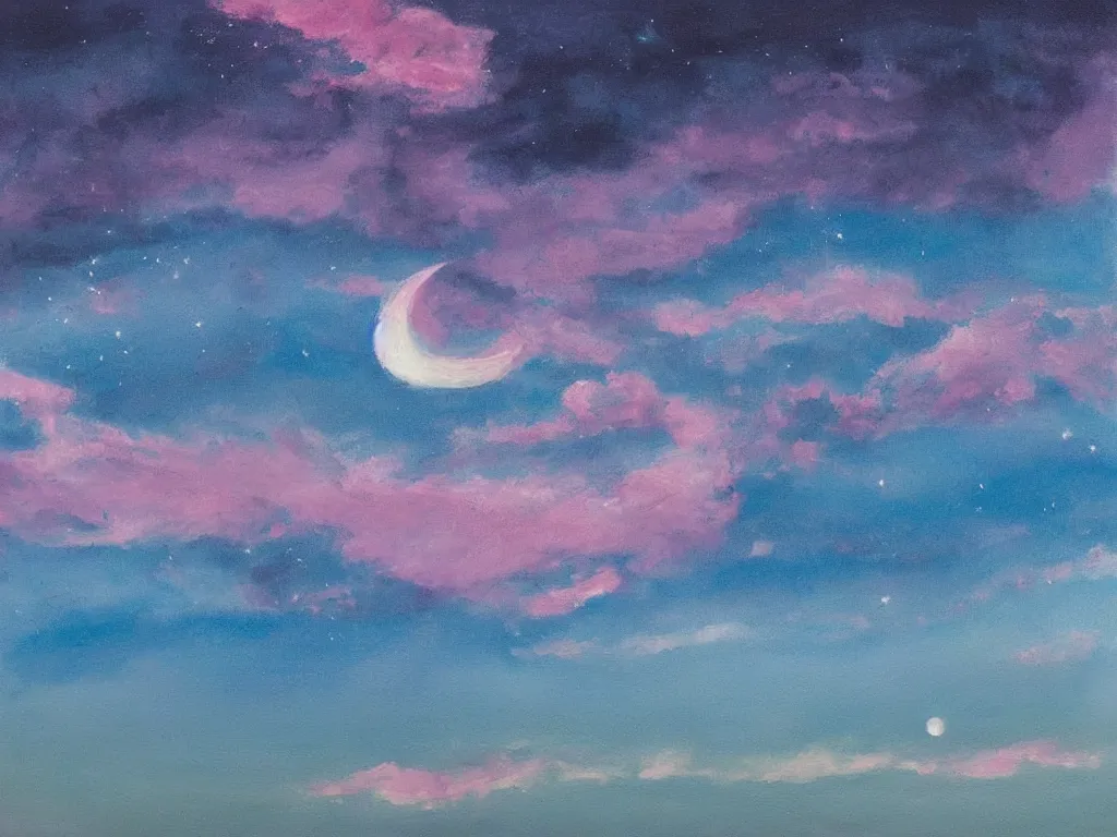 Prompt: painting of night sky with crescent moon and stars above a layer of pink puffy clouds.