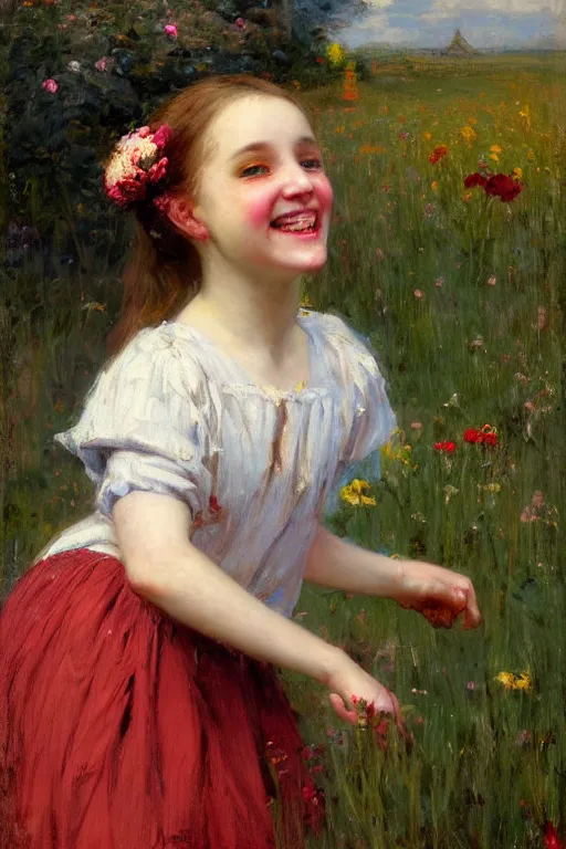 Image similar to Solomon Joseph Solomon and Richard Schmid and Jeremy Lipking victorian genre painting portrait painting of a laughing young village girl in an open field of flowers, red background