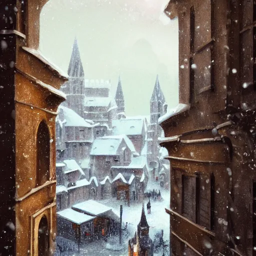Prompt: medieval city in winter, shot from a window, trending on artstation, cinematic composition, detailed, hd, digital art