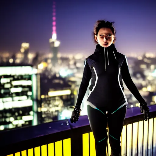 Image similar to photographic portrait of a techwear woman, closeup, on the rooftop of a futuristic city at night, sigma 8 5 mm f / 1. 4, 4 k, depth of field, high resolution, 4 k, 8 k, hd, full color