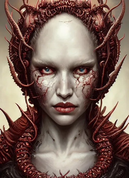 Image similar to a hyper detailed face portrait of the queen of blades, wounded face, diablo 4 lilith, sideshow figurines, cthulu, by tom bagshaw, artgerm, dorian cleavenger, greg rutkowski, wlop, astri lohne, zdzisław beksinski trending on artstation