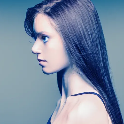 Image similar to album cover, girl with blue eyes, long dark hair, turned head to face camera from behind, 8K, volumetric lighting, highly detailed, immaculate scale, hyper-realistic