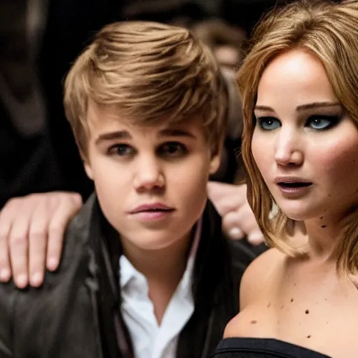 Prompt: Promo picture of Jennifer Lawrence and Justin Bieber in Star is Born remake (2029)