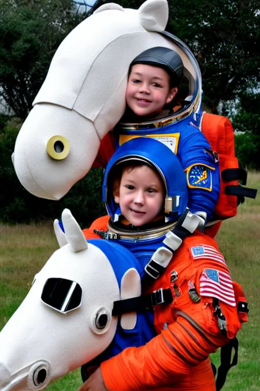 Image similar to a child in a horse mask sits on the shoulders of an astronaut