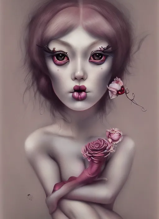 Prompt: pop surrealism, lowbrow art, realistic cute seductive female figure painting, japanese street fashion, hyper realism, muted colours, natalie shau tom bagshaw, mark ryden, trevor brown style,