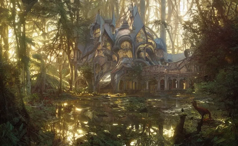 Prompt: hidden magical school in the forest, sci - fi, fantasy, intricate, elegant, highly detailed, digital painting, artstation, concept art, matte, sharp focus, illustration, art by artgerm and greg rutkowski and alphonse mucha