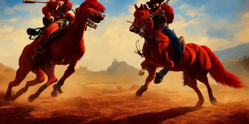 Image similar to a red cat wearing a blue hat while riding a horse and shooting a gun into the air, wild west background, digital art, amazing quality, perfect lighting. Professional design. Great composition. Mind blowing detail. award winning art. impressive colors. trending on artstation.