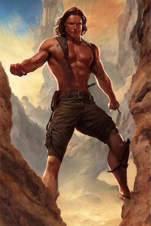 Prompt: pretty muscular sam winchester as indiana jones in the fate of atlantis, clothes torn apart, fantasy style, sharp focus!, ultra detailed, art by artgerm and peter andrew jones, wlop