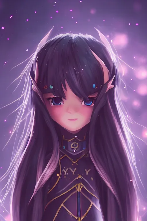 Image similar to adorable young cute anime elf girl, long black hair, fantasy armor. symmetrical face. symmetrical detailed defined eyes. beautiful lineart. bokeh pixiv # 1 ranking depth focus, chromatic aberration, noise, soft lighting, srgb, 4 k, cinematic