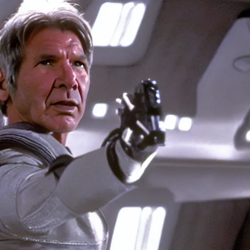 Image similar to A still of Harrison Ford as Commander Adama in Battlestar Galactica (2003), firing at a Cylon