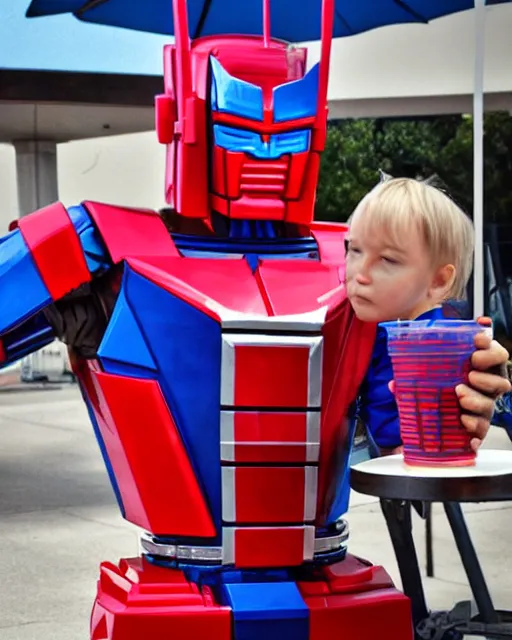 Prompt: optimus prime drinking a milkshake