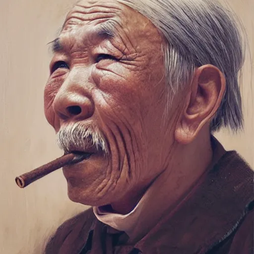 Image similar to a sad old chinese man with his pipe in his mouth, high quality, high resolution,detailed, oil painting by wlop