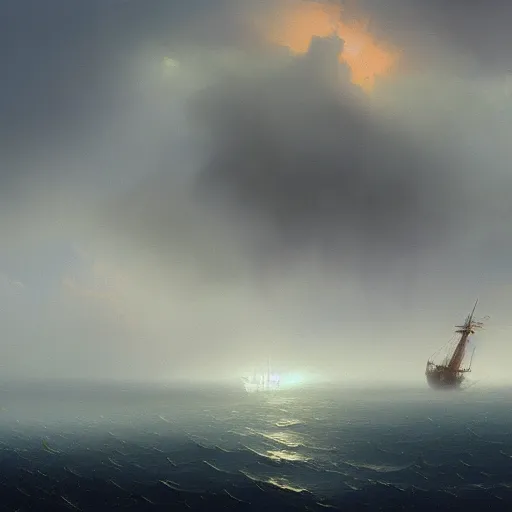 Image similar to a lonely ship drifting amongst the clouds , fog and heavy storm concept art in style of Ivan Aivazovsky
