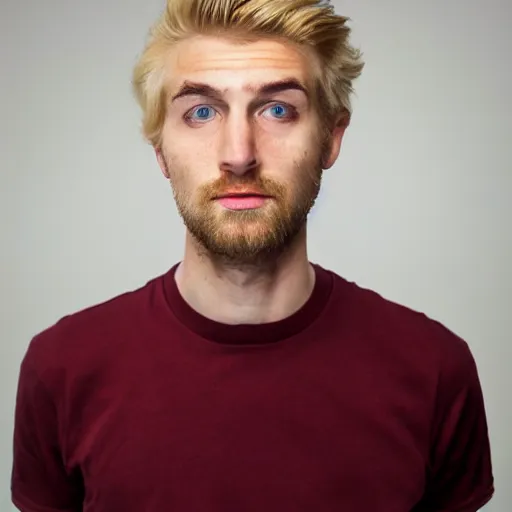 Image similar to full face color photograph of a 30 year old very handsome white man with very short light blond hair and small blue eyes, dressed in a maroon t shirt and black jeans, with very thin lips, with a straight nose and pale skin. He resembles a lion. 4k