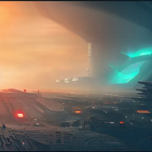 Prompt: cinematic view, giant futuristic cyberpunk spacecraft with small characters in the foreground, blade runner, dense fog, bloom, cinematic lighting, ultra detailed, trending on artstation, dune style, mid tone, denis villeneuve