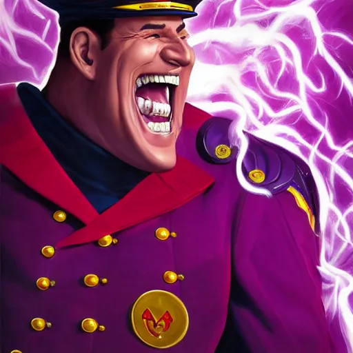 Prompt: M. Bison laughing with big white smile, full body portrait, surrounded by purple lightning, highly detailed painting, concept art