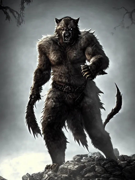 Image similar to cute handsome cuddly burly surly relaxed calm werewolf from van helsing unreal engine hyperreallistic render 8k character concept art masterpiece screenshot from the video game the Elder Scrolls V: Skyrim