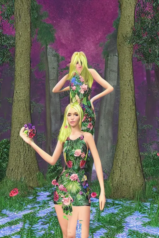 Prompt: beautiful blonde model wearing ornate floral valentino resort ss 2 0 1 6 dress in a 3 d psx rpg style, magical alien forest environment, fashion gameplay screenshot, highly detailed